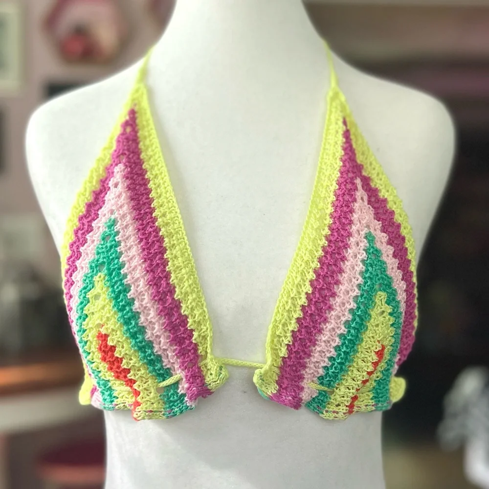 Pink and Green Crochet Bikini Top with Halter Ties - Picture 1 of 4